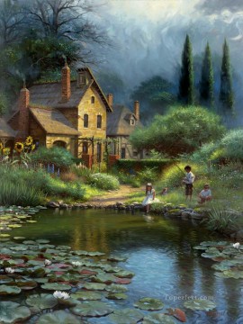 children and puppy by waterlily pond Landscape Oil Paintings